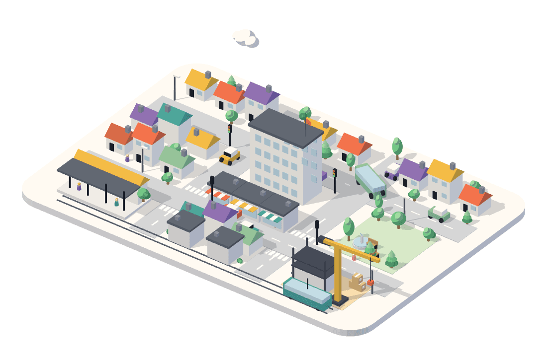 A small SVG town with streets, houses, a tram and a crane.