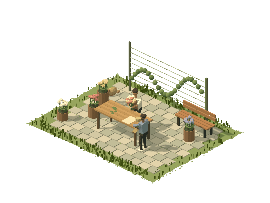 An adult florist works on a bouquet in a detailed miniature flower stall, with a waiting customer.
