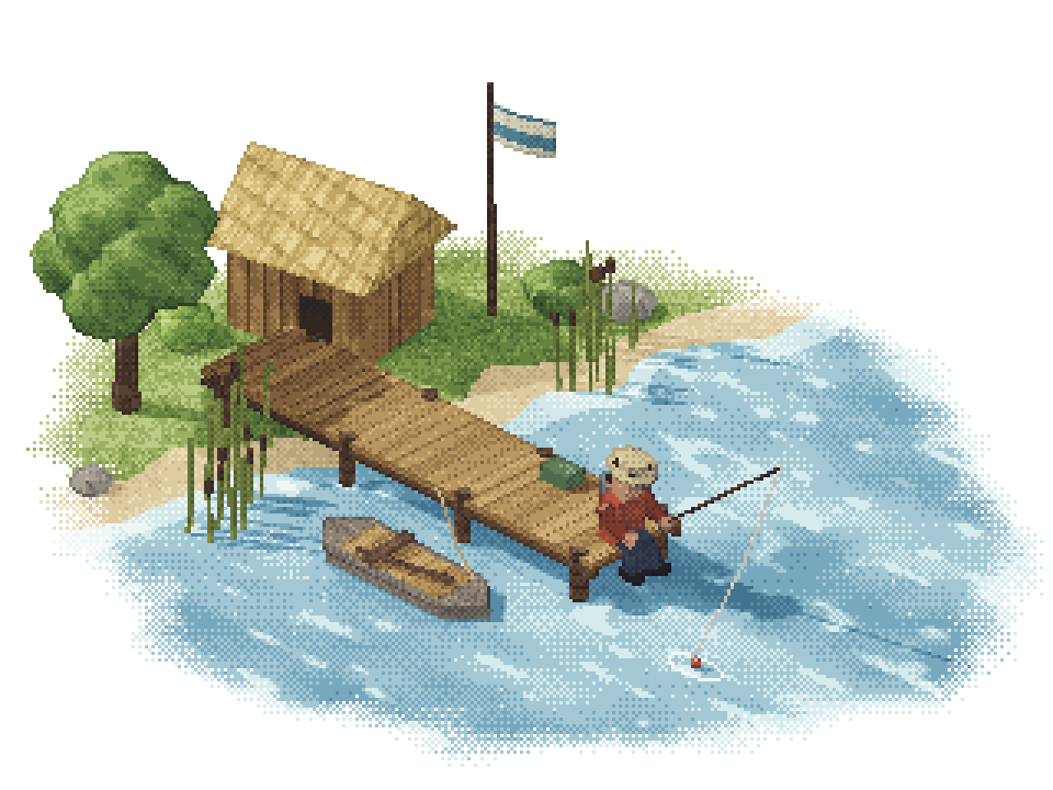 A pixel-art pier on dithered water: someone fishes from the end, a rowboat rocks beside it, a thatched shed stands on the shore.